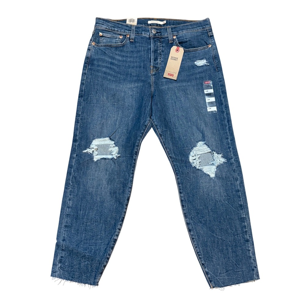 Levi's Jeans Womens 14W Blue Wedgie Skinny High Rise Raw Hem Distressed NWT